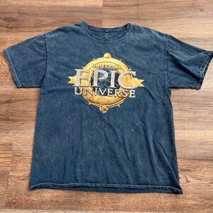 Universal Epic Universe T-Shirt Large Blue Acid Wash Graphic Tee Theme Park